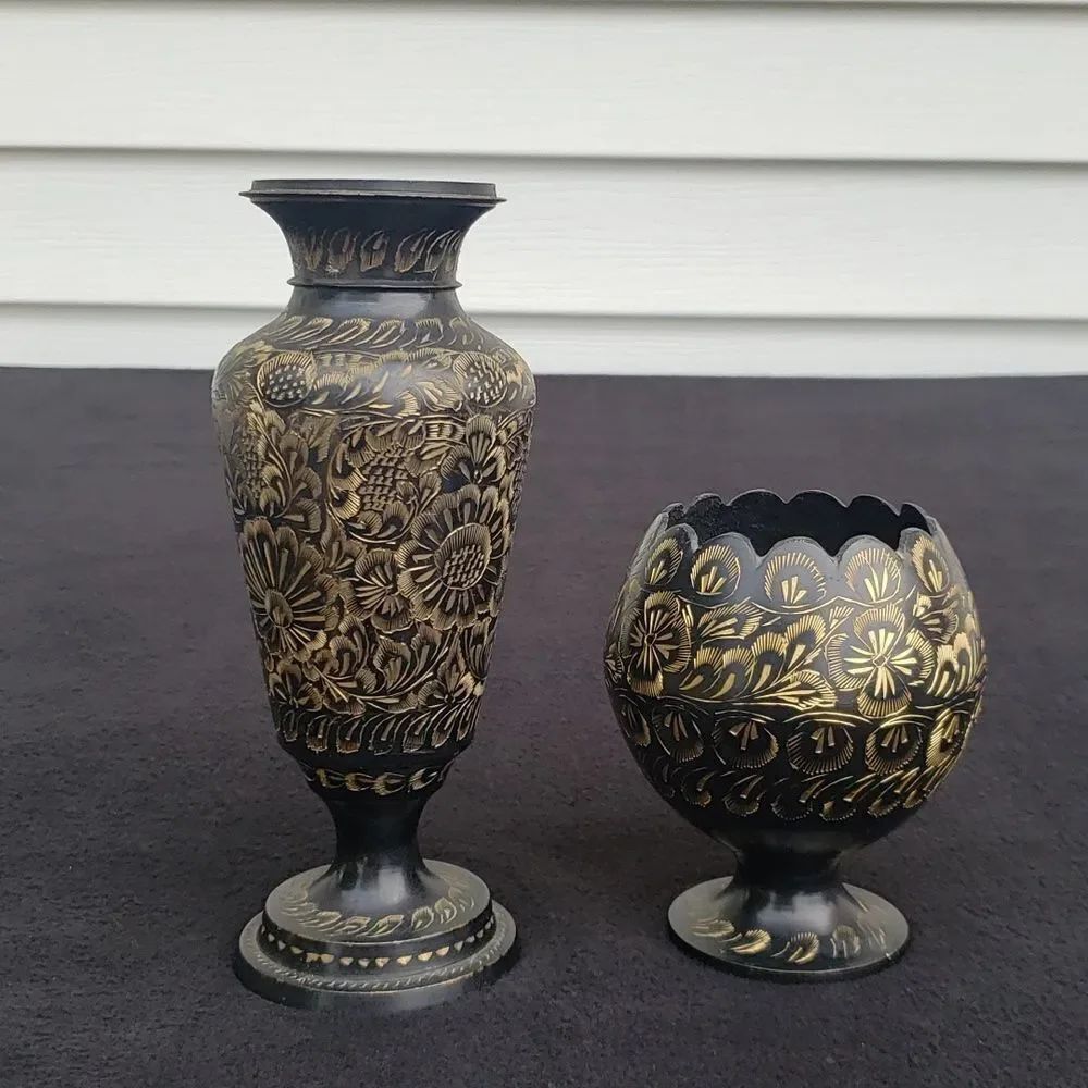 Set of 2 Vintage Brass Vases Gold Etching Hand Painted